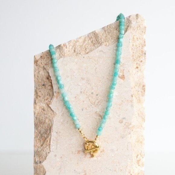 Amazonite Gemstone Necklace Gold Toggle Clasp Removable Baroque Pearl Genuine - Picture 6 of 11